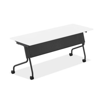 white table with black legs and metal back on wheels